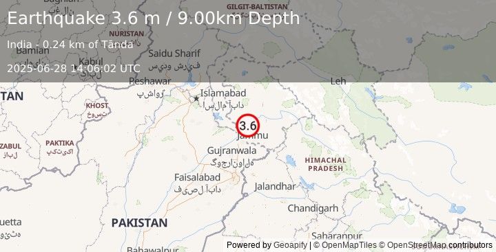 Earthquake SOUTHWESTERN KASHMIR (3.6 m) (2025-06-28 14:06:02 UTC)