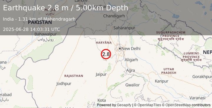 Earthquake HARYANA - DELHI REGION, INDIA (2.8 m) (2025-06-28 14:03:31 UTC)