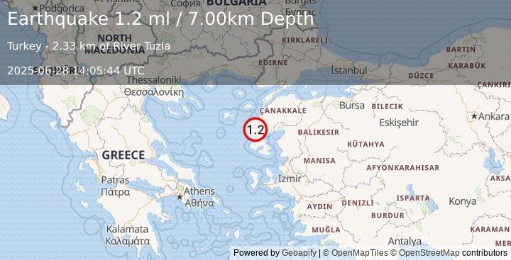 Earthquake NEAR THE COAST OF WESTERN TURKEY (1.2 ml) (2025-06-28 14:05:44 UTC)