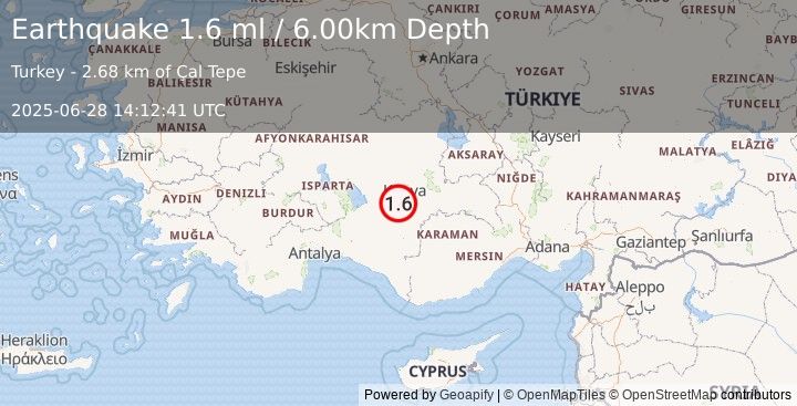 Earthquake CENTRAL TURKEY (1.6 ml) (2025-06-28 14:12:41 UTC)