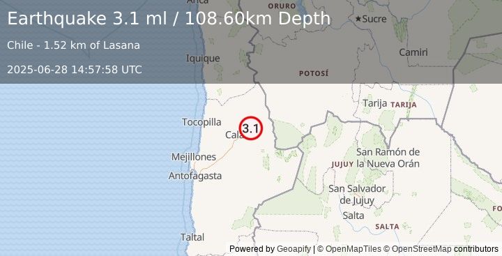Earthquake ANTOFAGASTA, CHILE (3.1 ml) (2025-06-28 14:57:58 UTC)