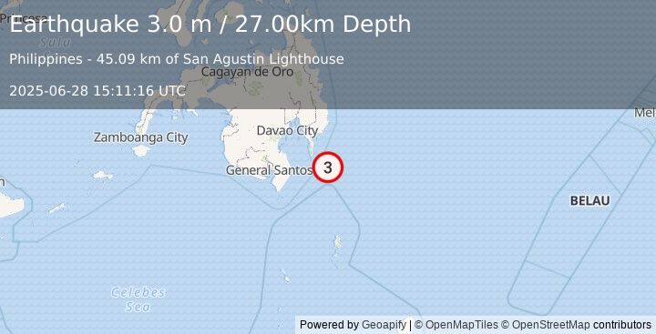 Earthquake MINDANAO, PHILIPPINES (3.0 m) (2025-06-28 15:11:16 UTC)