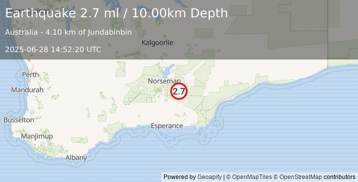 Earthquake WESTERN AUSTRALIA (2.7 ml) (2025-06-28 14:52:20 UTC)