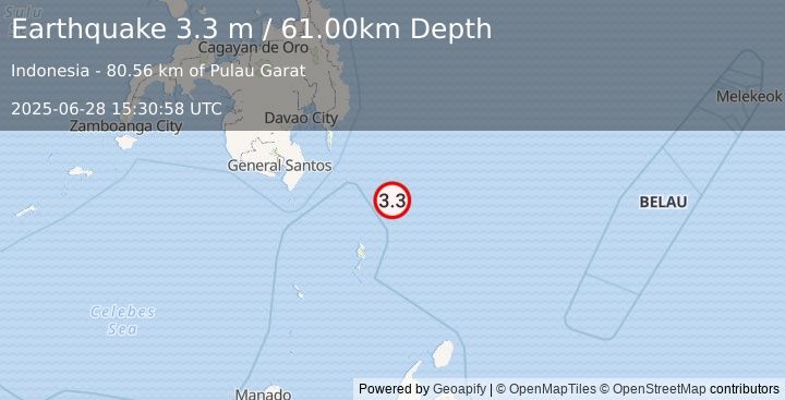 Earthquake PHILIPPINE ISLANDS REGION (3.3 m) (2025-06-28 15:30:58 UTC)