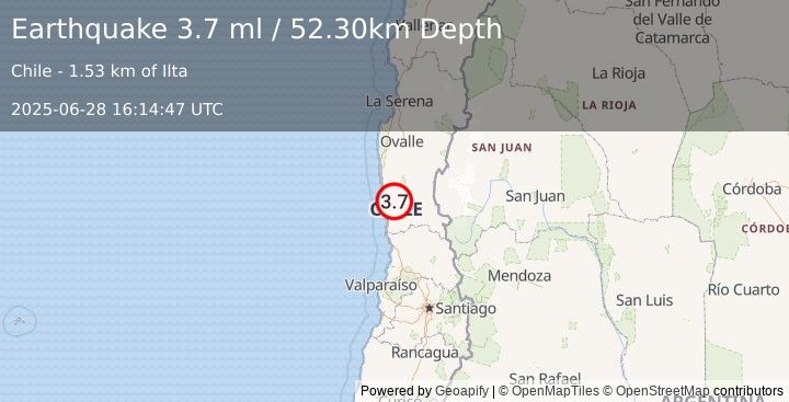 Earthquake COQUIMBO, CHILE (3.8 ml) (2025-06-28 16:14:45 UTC)