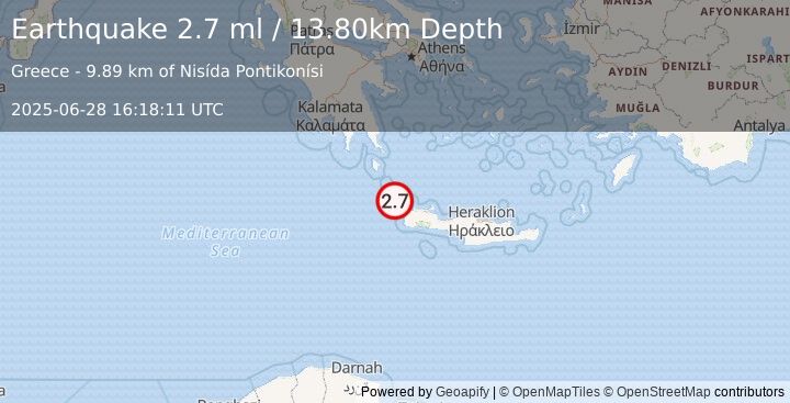 Earthquake CRETE, GREECE (2.7 ml) (2025-06-28 16:18:11 UTC)