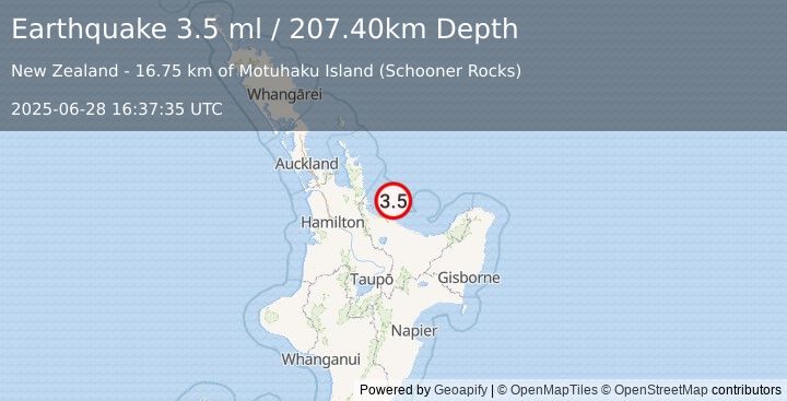 Earthquake NORTH ISLAND OF NEW ZEALAND (3.5 ml) (2025-06-28 16:37:35 UTC)