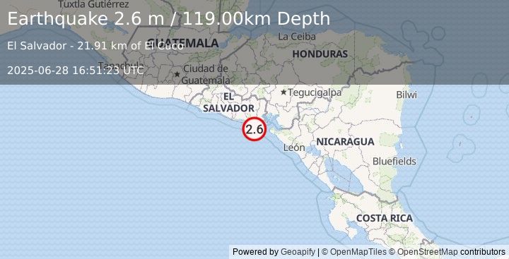 Earthquake OFFSHORE EL SALVADOR (2.8 m) (2025-06-28 16:51:24 UTC)