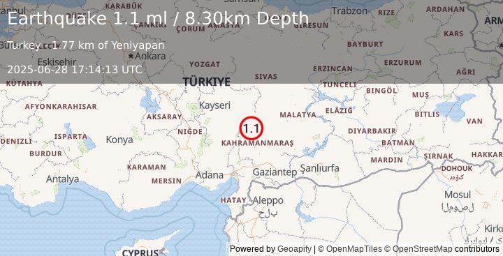 Earthquake CENTRAL TURKEY (1.1 ml) (2025-06-28 17:14:13 UTC)