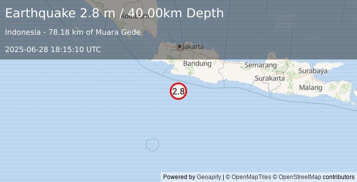 Earthquake SOUTH OF JAVA, INDONESIA (2.8 m) (2025-06-28 18:15:10 UTC)