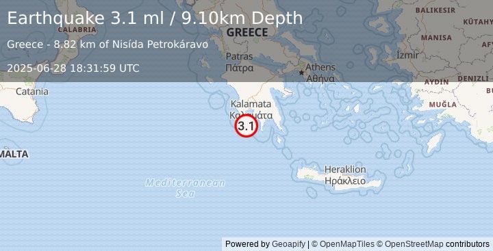 Earthquake SOUTHERN GREECE (3.1 ml) (2025-06-28 18:31:57 UTC)