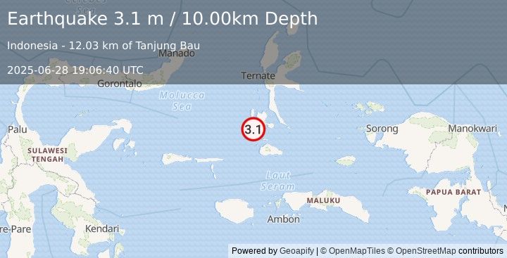 Earthquake HALMAHERA, INDONESIA (3.1 m) (2025-06-28 19:06:40 UTC)