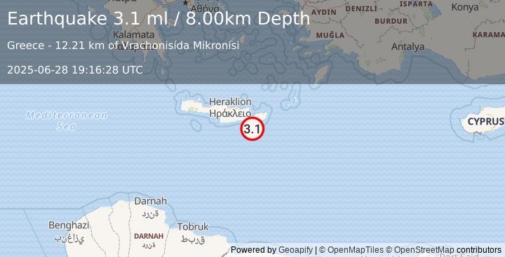 Earthquake CRETE, GREECE (3.1 ml) (2025-06-28 19:16:28 UTC)