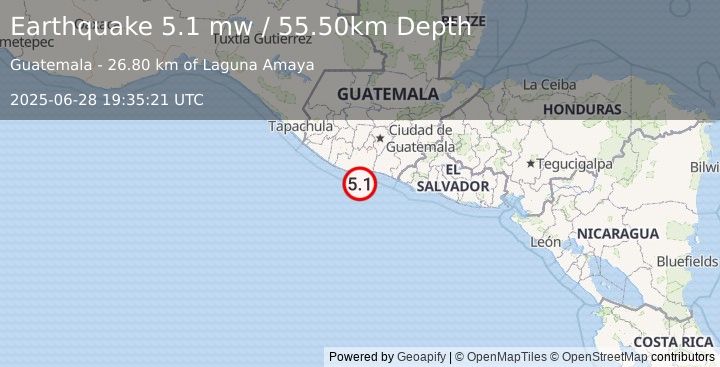 Earthquake OFFSHORE GUATEMALA (5.1 mw) (2025-06-28 19:35:21 UTC)