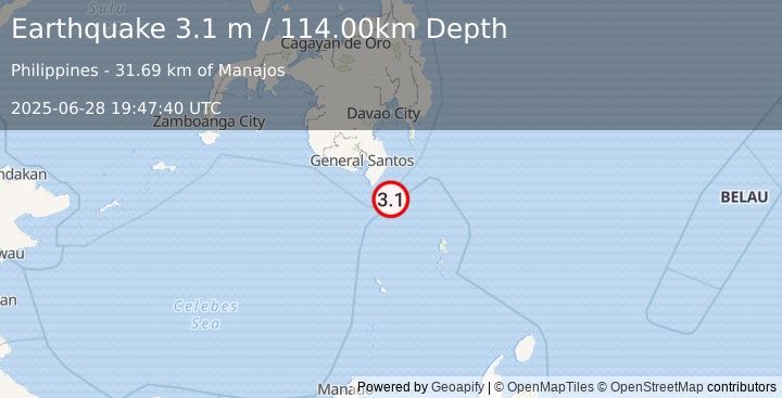 Earthquake MINDANAO, PHILIPPINES (3.1 m) (2025-06-28 19:47:40 UTC)