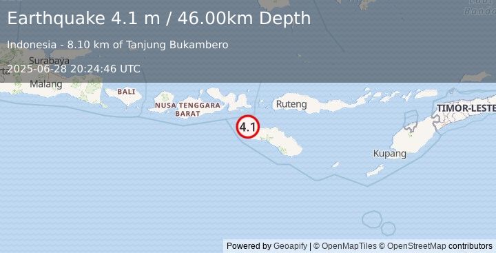 Earthquake SUMBA REGION, INDONESIA (4.1 m) (2025-06-28 20:24:46 UTC)