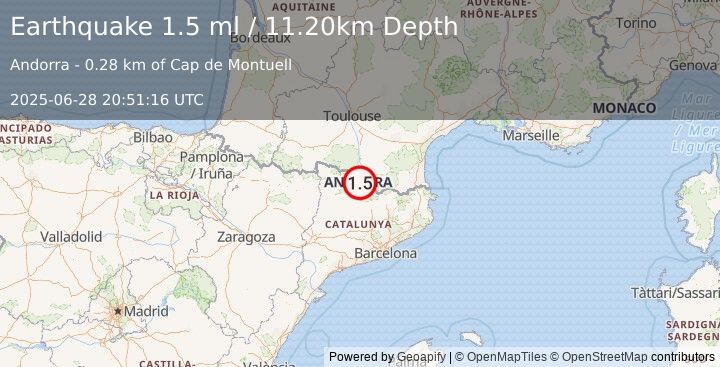 Earthquake PYRENEES (1.5 ml) (2025-06-28 20:51:16 UTC)