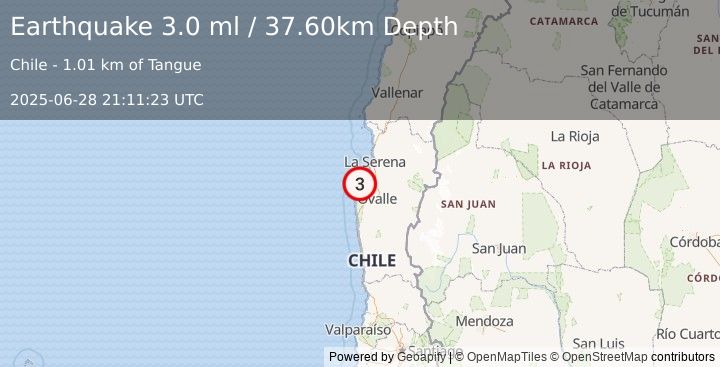 Earthquake COQUIMBO, CHILE (3.0 ml) (2025-06-28 21:11:23 UTC)