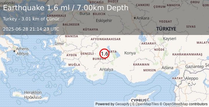 Earthquake WESTERN TURKEY (1.6 ml) (2025-06-28 21:14:23 UTC)