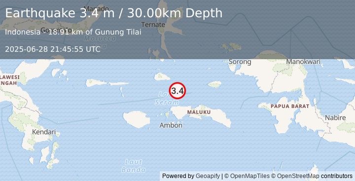 Earthquake CERAM SEA, INDONESIA (3.4 m) (2025-06-28 21:45:55 UTC)
