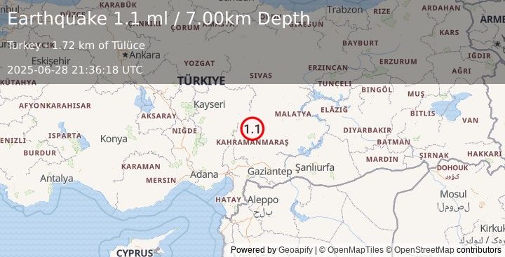Earthquake CENTRAL TURKEY (1.1 ml) (2025-06-28 21:36:18 UTC)
