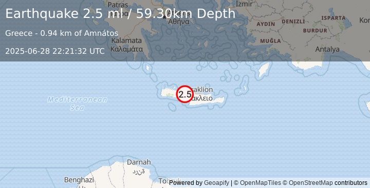 Earthquake CRETE, GREECE (2.5 ml) (2025-06-28 22:21:32 UTC)
