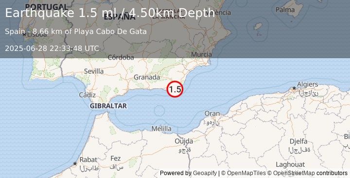 Earthquake STRAIT OF GIBRALTAR (1.5 ml) (2025-06-28 22:33:48 UTC)