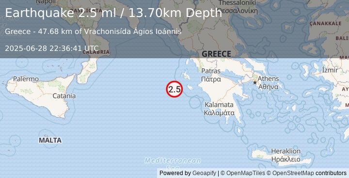 Earthquake IONIAN SEA (2.5 ml) (2025-06-28 22:36:41 UTC)