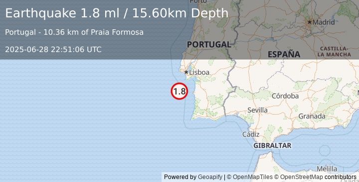 Earthquake PORTUGAL (1.8 ml) (2025-06-28 22:51:06 UTC)