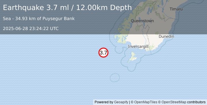 Earthquake OFF W. COAST OF S. ISLAND, N.Z. (3.7 ml) (2025-06-28 23:24:22 UTC)