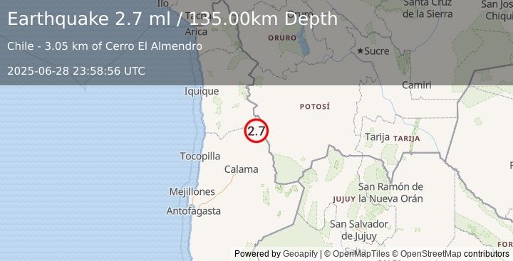 Earthquake ANTOFAGASTA, CHILE (2.7 ml) (2025-06-28 23:58:56 UTC)