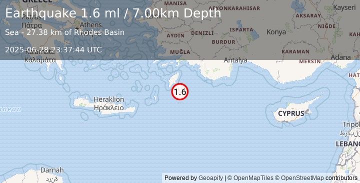 Earthquake EASTERN MEDITERRANEAN SEA (1.6 ml) (2025-06-28 23:37:44 UTC)