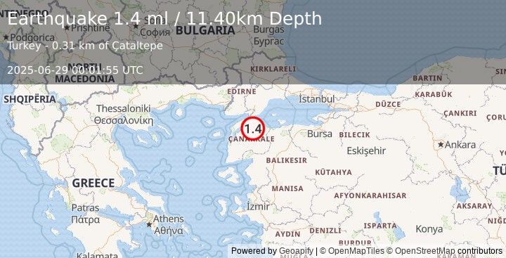 Earthquake WESTERN TURKEY (1.4 ml) (2025-06-29 00:01:55 UTC)