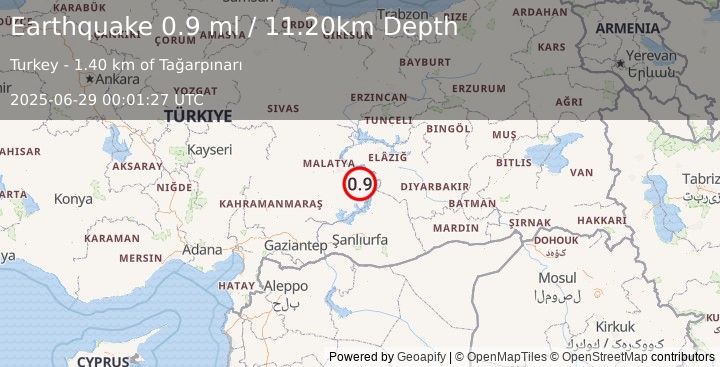 Earthquake EASTERN TURKEY (0.9 ml) (2025-06-29 00:01:27 UTC)
