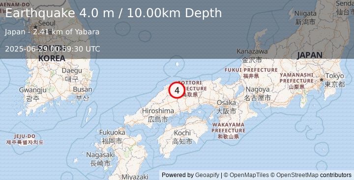 Earthquake WESTERN HONSHU, JAPAN (4.0 m) (2025-06-29 00:59:30 UTC)