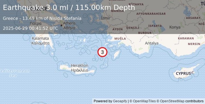 Earthquake DODECANESE ISLANDS, GREECE (3.0 ml) (2025-06-29 00:41:52 UTC)