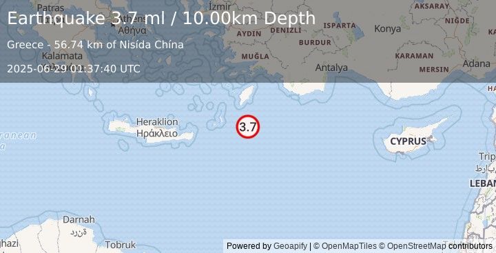 Earthquake EASTERN MEDITERRANEAN SEA (3.7 ml) (2025-06-29 01:37:41 UTC)