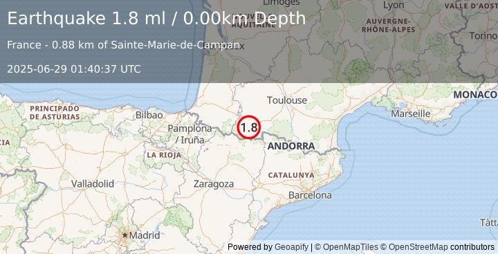 Earthquake PYRENEES (1.8 ml) (2025-06-29 01:40:37 UTC)