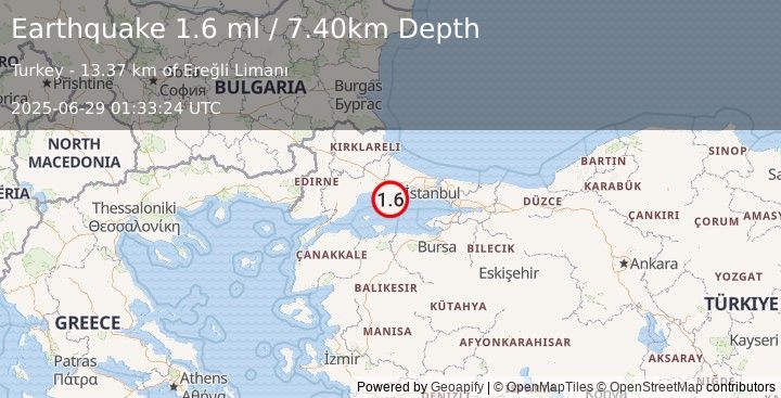 Earthquake WESTERN TURKEY (1.6 ml) (2025-06-29 01:33:24 UTC)
