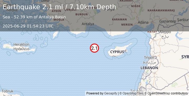 Earthquake CYPRUS REGION (2.1 ml) (2025-06-29 01:54:23 UTC)