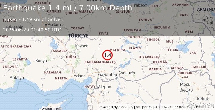 Earthquake CENTRAL TURKEY (1.4 ml) (2025-06-29 01:40:50 UTC)