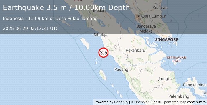 Earthquake NORTHERN SUMATRA, INDONESIA (3.5 m) (2025-06-29 02:13:31 UTC)