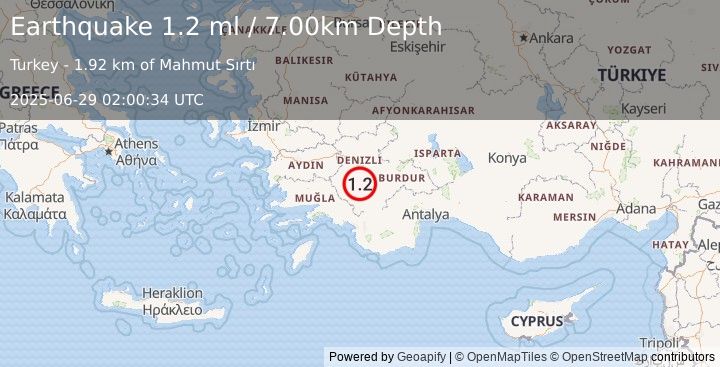 Earthquake WESTERN TURKEY (1.2 ml) (2025-06-29 02:00:34 UTC)