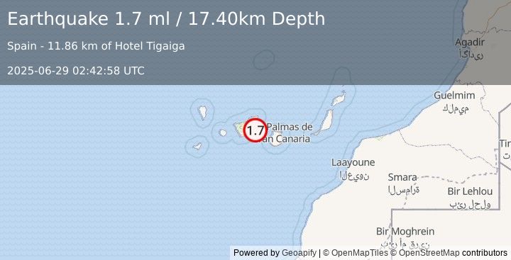 Earthquake CANARY ISLANDS, SPAIN REGION (1.7 ml) (2025-06-29 02:42:58 UTC)