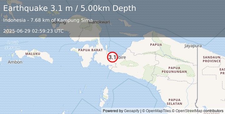 Earthquake PAPUA, INDONESIA (3.1 m) (2025-06-29 02:59:23 UTC)