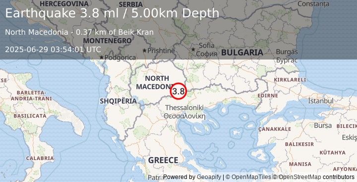 Earthquake REPUBLIC OF NORTH MACEDONIA (3.8 ml) (2025-06-29 03:54:01 UTC)