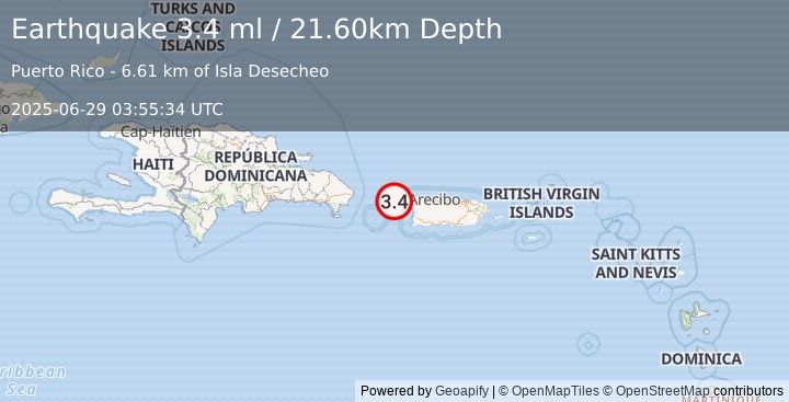 Earthquake MONA PASSAGE, PUERTO RICO (3.4 ml) (2025-06-29 03:55:34 UTC)
