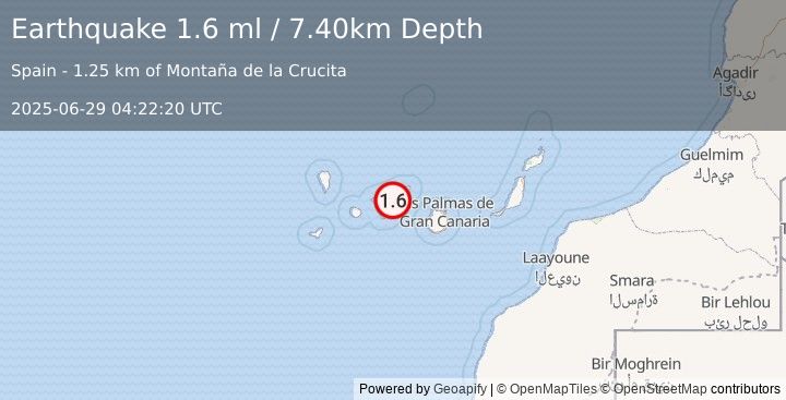 Earthquake CANARY ISLANDS, SPAIN REGION (1.6 ml) (2025-06-29 04:22:20 UTC)
