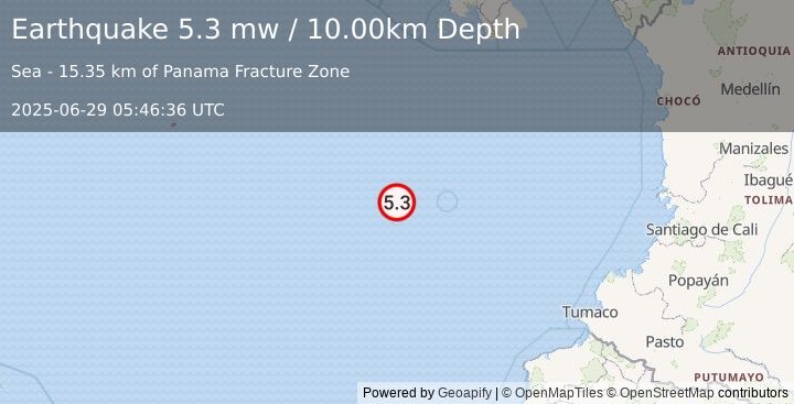 Earthquake SOUTH OF PANAMA (5.1 mw) (2025-06-29 05:46:35 UTC)