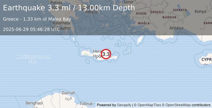 Earthquake CRETE, GREECE (3.3 ml) (2025-06-29 05:46:28 UTC)